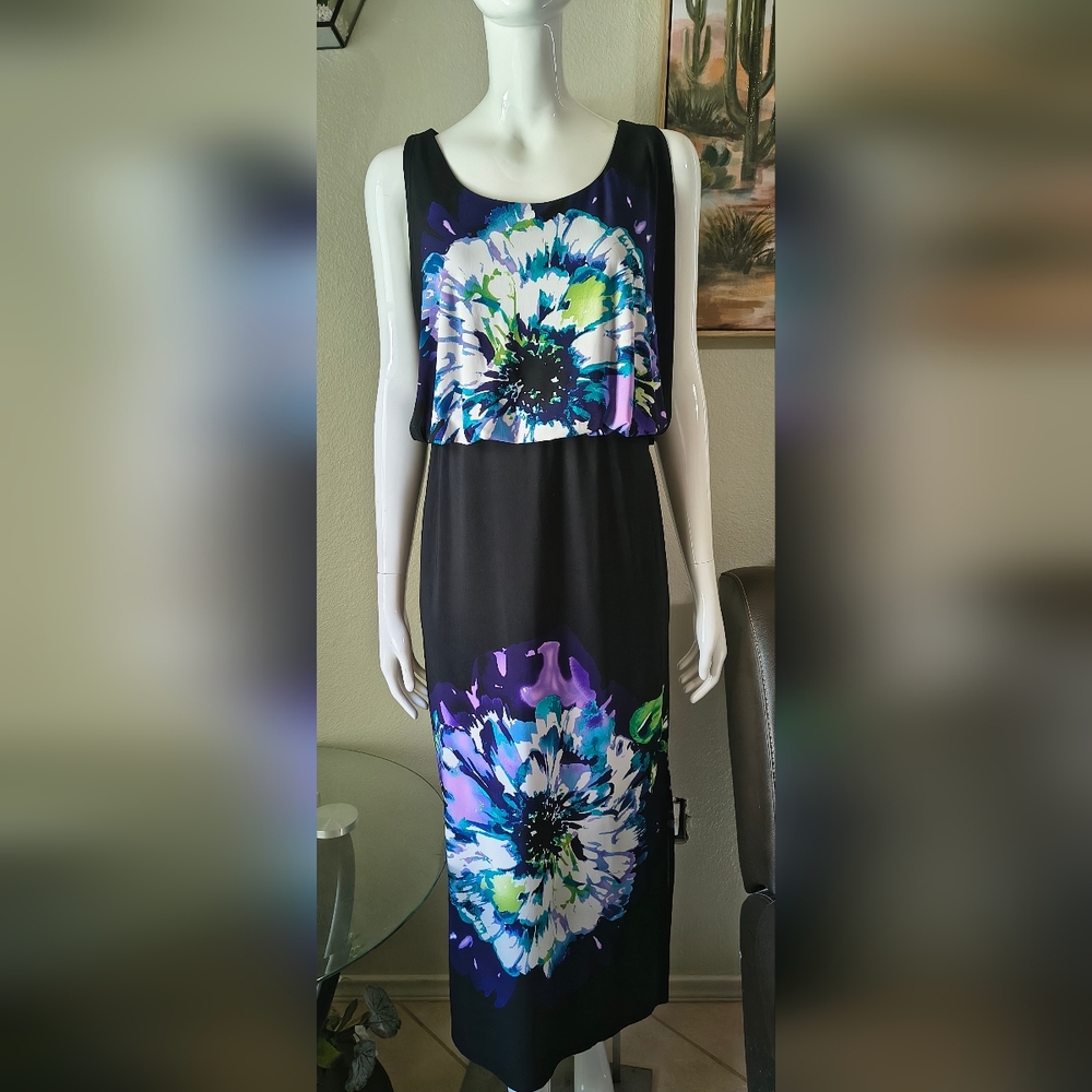 Sandra Darren Black Midi Dress with Purple, Teal & White Floral Print
